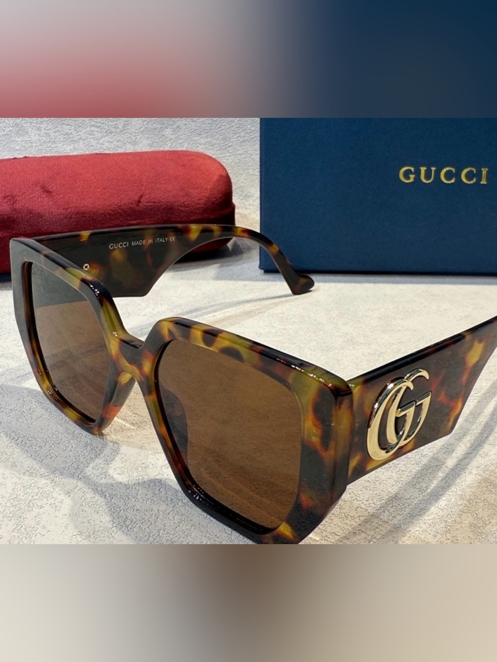 Gucci Tortoiseshell Square Sunglasses with Gold GG Accent - Brown Lenses